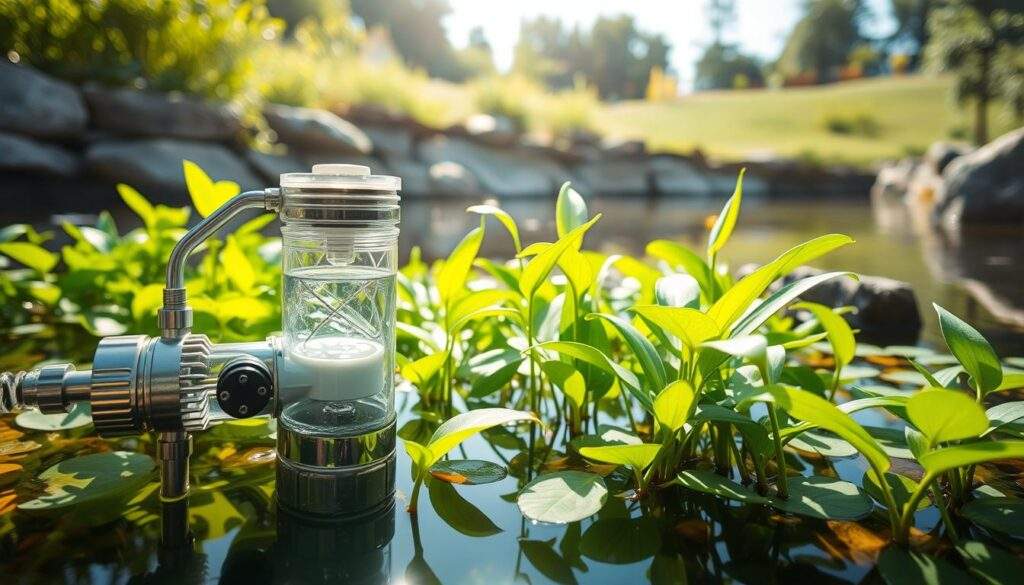 A lush, thriving aquatic ecosystem with a crystal-clear water filter system. In the foreground, the filter's intricate components are visible, its sleek design seamlessly integrated into the pond's natural landscape. The middle ground showcases vibrant aquatic plants, their verdant leaves swaying gently in the current. In the background, a serene, sun-dappled scene unfolds, with a gently sloping bank and a hint of the surrounding foliage. The lighting is natural and warm, capturing the tranquil atmosphere of a healthy, well-maintained water feature. Captured with the precision of an iPhone 16 Pro Max, this image showcases the essential role of a water filter in sustaining a thriving, balanced aquatic ecosystem.