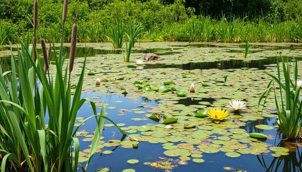 A lush, vibrant wetland scene showcasing the most effective water-purifying plants for a natural pond filter. In the foreground, clusters of reeds and cattails sway gently, their tall stems and broad leaves filtering pollutants and oxygenating the water. In the middle ground, a variety of aquatic plants like water hyacinth, water lilies, and duckweed float atop the calm, reflective surface, their intricate root systems removing excess nutrients. The background features a backdrop of verdant foliage, creating a serene, tranquil atmosphere. Captured with the crisp, high-resolution lens of an iPhone 16 Pro Max, the image conveys the beauty and functionality of these natural water-cleansing plants.