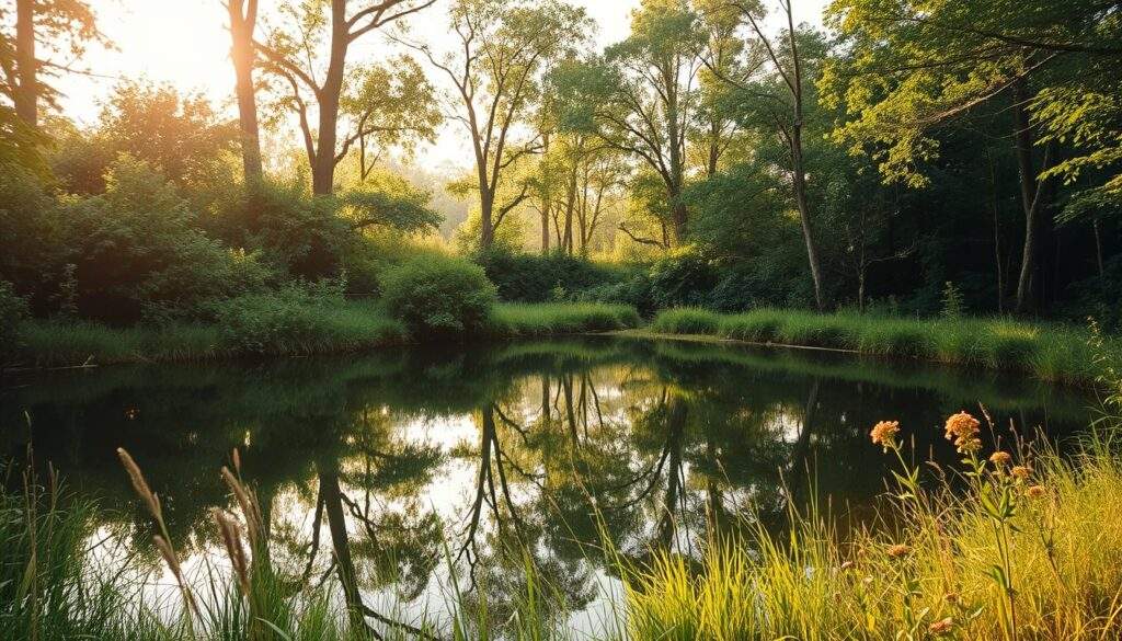 A natural, serene landscape with a small, unassuming pond nestled amidst lush foliage. The still, reflective surface of the water creates a tranquil mirror, capturing the surrounding trees and sky. Soft, diffused natural lighting filters through the canopy, casting a warm, golden glow over the scene. The pond's edges are lined with tall grasses and wildflowers, adding a touch of rustic charm. The overall composition evokes a sense of tranquility and a lack of human intervention, hinting at the potential legal ambiguity surrounding the construction of such a feature without formal approval.