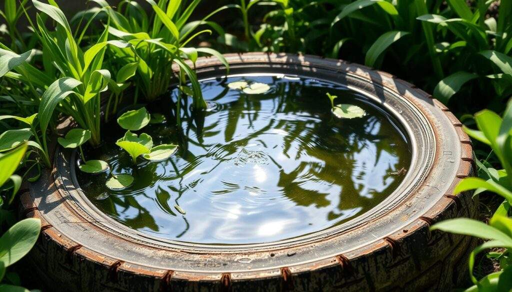 A serene backyard oasis, a tire-turned-pond nestled amidst lush greenery. Tranquil waters reflect the dappled sunlight, rippling gently. Aquatic plants sway in the soft breeze, creating a natural harmony. The weathered tire, its surface textured and worn, becomes a striking contrast to the calming scene. Captured with the crisp clarity of an iPhone 16 Pro Max, the image conveys a sense of rustic charm and environmental integration. The pond's irregular shape and organic materials blend seamlessly with the surrounding landscape, inviting a moment of peaceful contemplation.