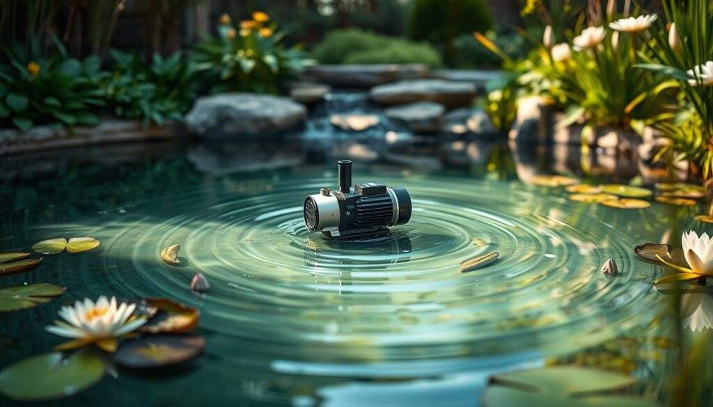 A serene backyard oasis with a captivating water feature takes center stage. The focal point is a sleek, modern pump submerged within the tranquil pond, its powerful yet quiet operation circulating the crystal-clear water. Lush greenery and delicate water lilies frame the scene, creating a harmonious natural ambiance. Soft, diffused natural lighting casts a warm glow, evoking a sense of peaceful relaxation. The camera's high-resolution lens captures every intricate detail, from the pump's elegant design to the mesmerizing ripples on the water's surface. This image showcases the essential role a well-designed pump and filter play in maintaining the beauty and functionality of a backyard water garden.