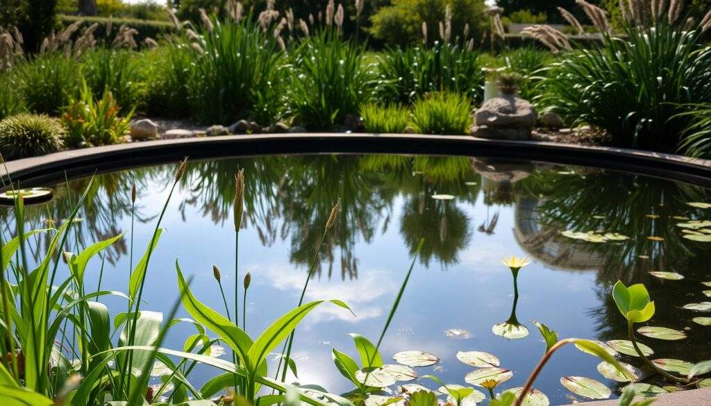 A serene backyard pond surrounded by lush greenery, captured with the clarity and detail of an iPhone 16 Pro Max. The pond's surface reflects the sky above, creating a mirror-like effect. The foreground features a variety of aquatic plants, their leaves and stems gently swaying in the breeze. In the middle ground, the smooth, sleek liner of the pond is visible, contrasting with the natural elements. The background is filled with tall grasses, shrubs, and trees, providing a sense of depth and tranquility. The lighting is soft and natural, casting a warm glow over the entire scene.