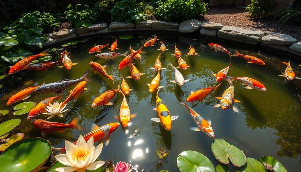 A serene backyard pond teeming with vibrant koi fish gracefully gliding through the clear waters. The sun's rays dance on the surface, casting a warm glow that illuminates the diverse array of scales and fins. In the foreground, a cluster of water lilies and aquatic plants provide a lush, natural backdrop, while the middle ground showcases the majestic koi, their patterns and colors captivating the viewer. The background features a gently sloping bank, dotted with verdant foliage that frames the idyllic scene. The entire composition exudes a sense of tranquility and the joy of nurturing these remarkable aquatic creatures in a meticulously maintained backyard oasis. Shot with an iPhone 16 Pro Max, the image captures the essence of a rewarding fish-rearing endeavor.