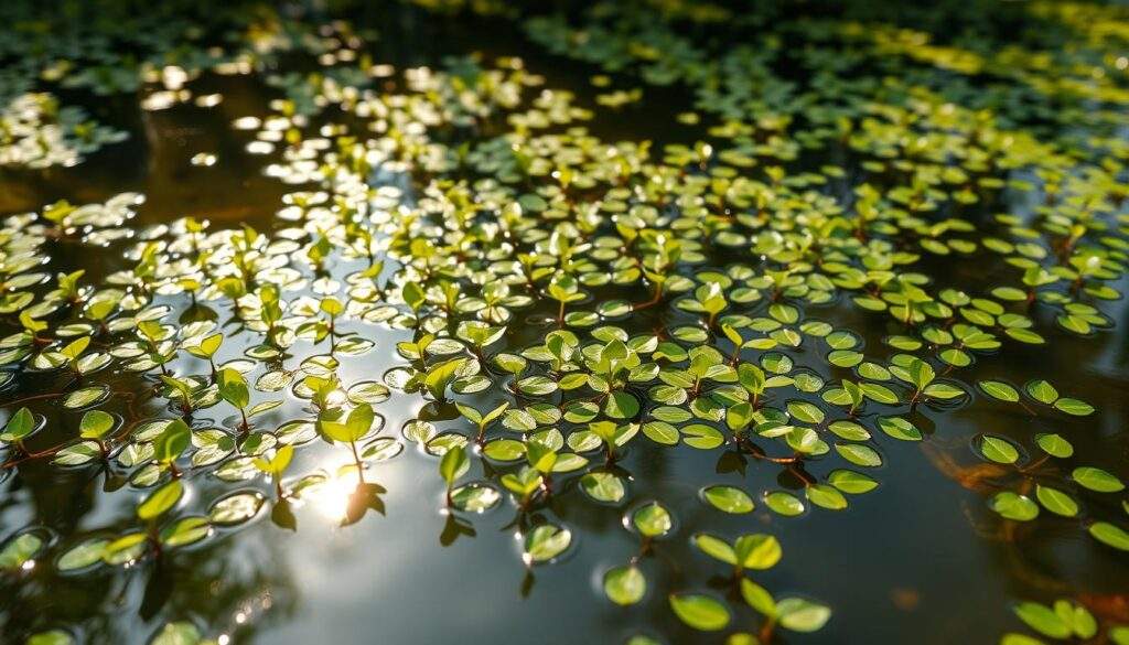 A serene freshwater pond, its surface dotted with vibrant green floating plants, their delicate leaves and stems creating a mesmerizing pattern. Sunlight filters through the water, casting a warm, diffused glow on the scene. The plants appear to sway gently, their movement captured in a fleeting moment by the high-resolution iPhone 16 Pro Max camera. The tranquil atmosphere is enhanced by the soft, out-of-focus background, drawing the viewer's attention to the captivating display of aquatic flora.