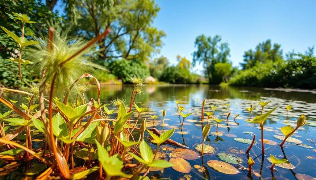 A serene, natural pond nestled amidst lush greenery, captured with the vivid clarity of an iPhone 16 Pro Max. The foreground showcases a vibrant tapestry of aquatic plants, their delicate leaves and stems swaying gently in the shallow waters. The middle ground reveals the tranquil surface, reflecting the surrounding foliage and a clear, azure sky. In the background, a backdrop of verdant trees and shrubbery creates a soothing, secluded atmosphere, inviting the viewer to imagine the perfect setting for a thriving, well-designed fish pond.