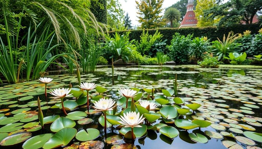 A serene pond nestled in a lush garden, its surface gently reflecting the vibrant hues of aquatic plants. In the foreground, clusters of water lilies sway gracefully, their delicate petals kissed by the sun's warm rays. Surrounding them, a diverse array of submerged and emergent plants, such as cattails, water irises, and floating-leaf pondweeds, create a verdant underwater landscape. The middle ground features a mix of tall, swaying reeds and lush, overhanging foliage, adding depth and texture to the scene. In the background, a soft, out-of-focus backdrop of verdant trees and shrubs provides a tranquil, natural setting, conveying a sense of serenity and harmony. Captured with a crisp, high-resolution iPhone 16 Pro Max camera, this image showcases the beauty and vitality of a thriving water garden.