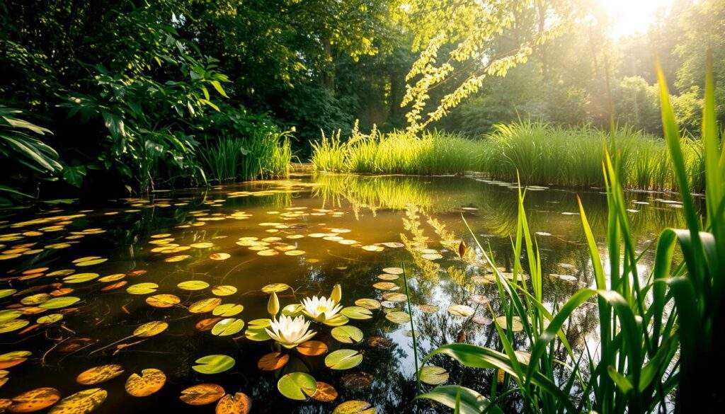 A serene pond surrounded by lush, verdant foliage, capturing the tranquil essence of a natural water feature. Sunlight filters through the canopy, casting a warm, golden glow across the still surface, which reflects the vibrant greens and delicate aquatic plants. In the foreground, a diversity of aquatic life, including delicate water lilies and swaying reeds, create a captivating visual tapestry. The overall scene conveys a sense of harmony and the fragile balance within this delicate ecosystem, inviting the viewer to contemplate the myths and misconceptions surrounding the care and preservation of this natural wonder. Shot with an iPhone 16 Pro Max, the image showcases the striking details and natural beauty of this aquatic landscape.