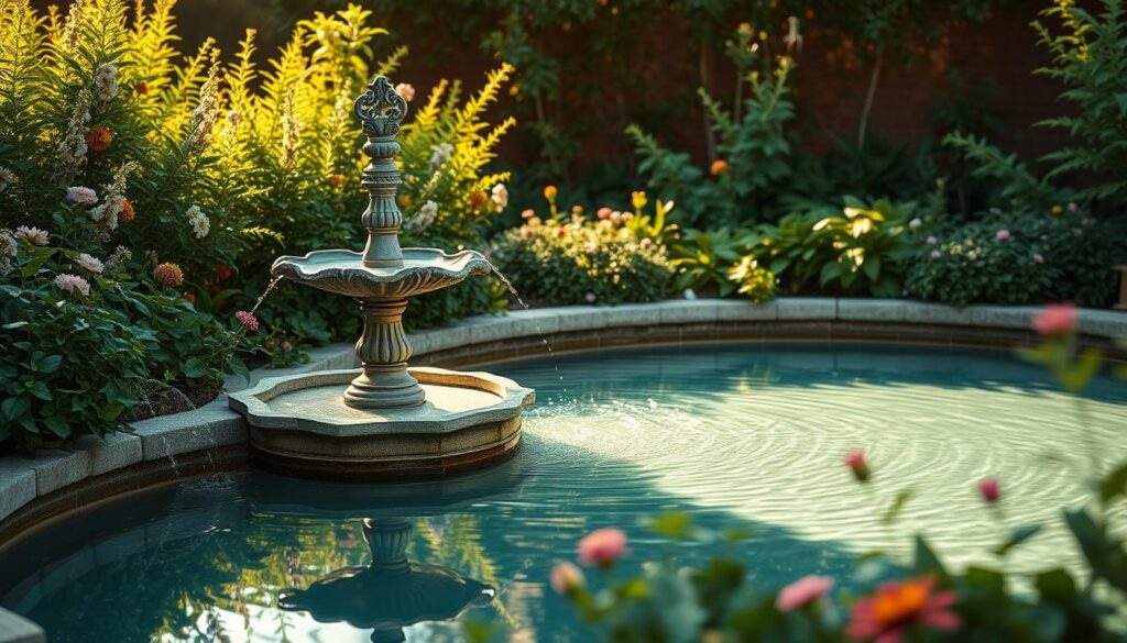 A serene, tranquil water feature nestled in a lush, verdant garden setting. A graceful, ornamental fountain elegantly cascades into a shimmering, reflective pool, surrounded by delicate foliage and blooming flowers. Warm, soft lighting from the afternoon sun casts a gentle glow, creating a calming, inviting atmosphere. The scene is captured with the crisp, high-quality lens of an iPhone 16 Pro Max, showcasing the intricate details and natural beauty of this captivating "fontanny do oczka wodnego".