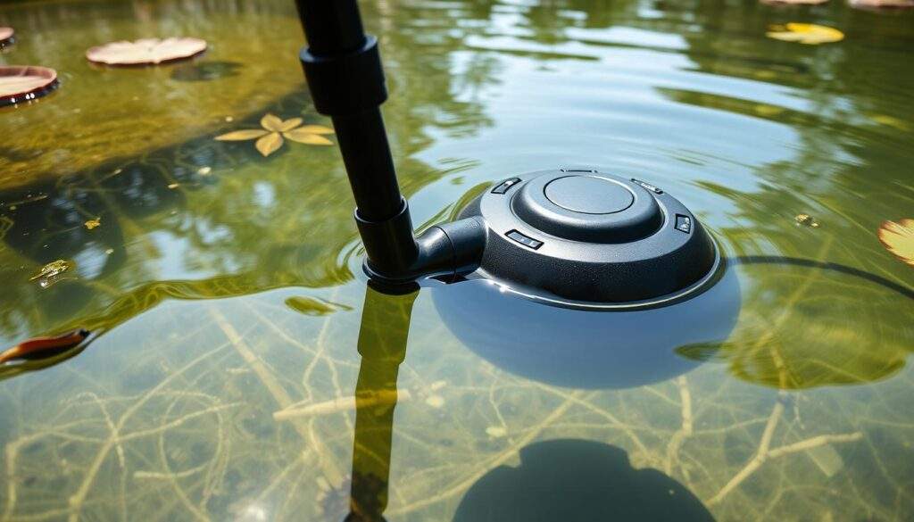 A sleek, black, underwater vacuum cleaner sits submerged in a tranquil, sun-dappled pond. Its powerful suction nozzle is poised to effortlessly sweep up debris and detritus from the pond's floor, leaving the water crystal clear. The device's streamlined design and LED indicator lights suggest advanced, modern technology specifically engineered for pond maintenance. The image is captured from a low angle, highlighting the vacuum's sturdy build and efficient functionality within the serene, natural setting of the water garden.
