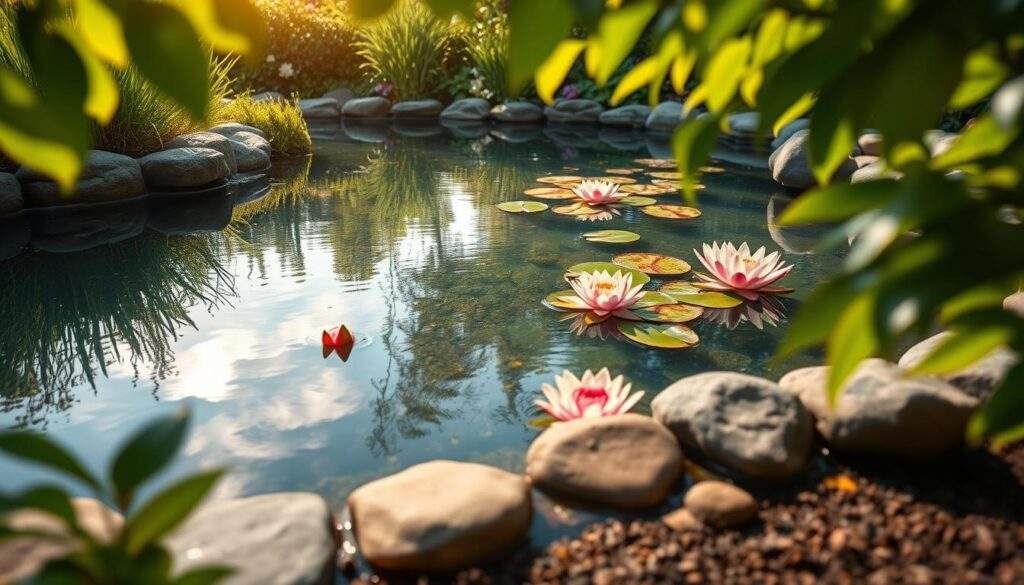 A tranquil garden oasis, a serene pond nestled amidst lush greenery. Crystalline waters reflecting the natural beauty surrounding it, mirroring the sky above. Delicate water lilies float atop the surface, their vibrant petals dancing in the gentle breeze. Smooth stones line the pond's edge, creating a natural, organic feel. Verdant foliage frames the scene, adding depth and texture. Warm, golden sunlight filters through the leaves, casting a soft, inviting glow. The overall impression is one of harmony, a peaceful retreat where nature and serenity coexist in perfect balance. Captured with the precision of an iPhone 16 Pro Max, this image perfectly encapsulates the essence of a captivating garden pond.