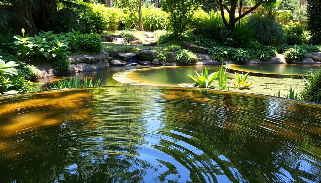 A tranquil, lush garden setting showcasing a variety of natural water features. In the foreground, a gently rippling pond reflects the dappled sunlight and surrounding foliage. In the middle ground, a meandering stream cuts through the landscape, its banks dotted with vibrant aquatic plants. In the background, a serene, shallow pool is nestled amidst a cluster of boulders and verdant vegetation. The entire scene is captured with a crisp, high-resolution iPhone 16 Pro Max camera, conveying a sense of serene, natural beauty.