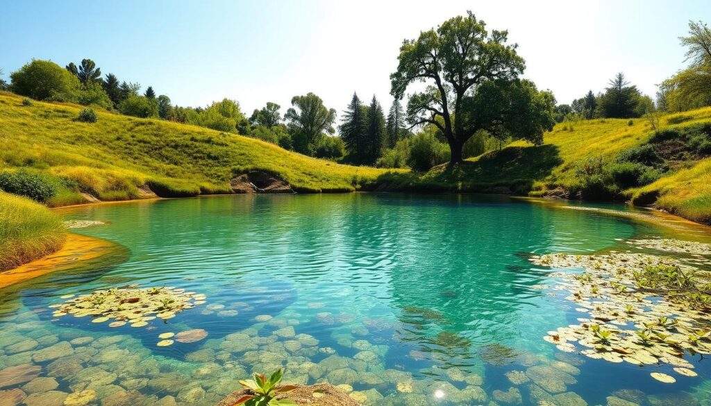 A tranquil natural swimming pond nestled amidst a lush, verdant landscape. The crystal-clear waters shimmer under the warm sunlight, inviting visitors to immerse themselves in a serene, nature-based oasis. Gently sloping banks are dotted with vibrant aquatic plants, creating a harmonious blend of earth and water. In the distance, mature trees sway gently, casting soft, dappled shadows over the pond's surface. The scene exudes a sense of peaceful seclusion, a stark contrast to the rigid confines of a traditional swimming pool. This iPhone 16 Pro Max photograph captures the essence of a "staw kąpielowy" - a natural, sustainable alternative to man-made recreational water bodies.