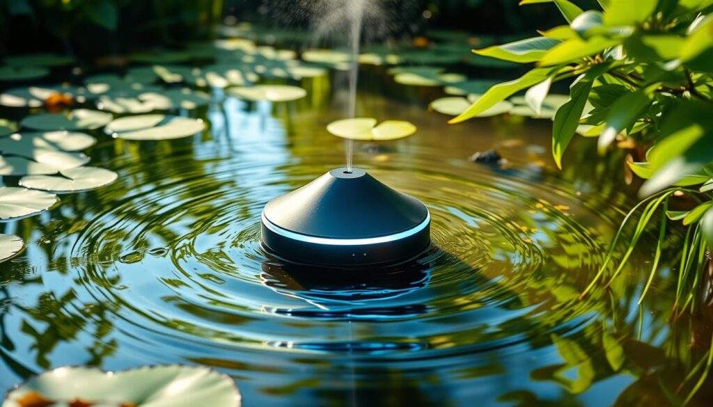 A tranquil pond surrounded by lush greenery, the surface gently rippling as a stylish, modern-looking air diffuser device floats atop, its sleek design and subtle LED lighting softly illuminating the water. The device is made of sturdy, weather-resistant materials, perfectly suited for outdoor installation. Crisp, natural sunlight filters through the leaves, casting a warm, calming glow over the entire scene. The camera captures this serene moment with a close, detailed view, showcasing the air diffuser's functionality and seamless integration within the natural pond environment.