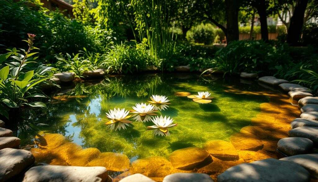 A tranquil, sunlit miniature pond nestled within a lush, verdant garden. The crystal-clear water reflects the surrounding greenery, creating a serene and calming atmosphere. Delicate water lilies float atop the surface, their vibrant petals swaying gently in the breeze. Smooth river rocks line the edges, complementing the natural, organic feel of the scene. Overhead, a canopy of trees filters the warm, golden light, casting dappled shadows across the water. The entire composition evokes a sense of peaceful escape, inviting the viewer to pause and immerse themselves in the tranquility of this small, hidden oasis.