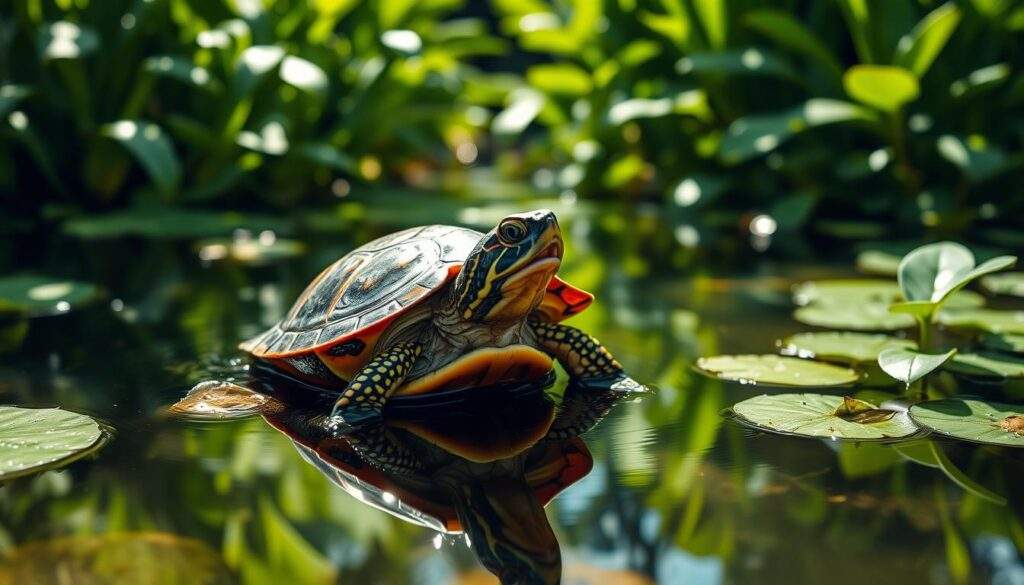 A vibrant red-eared slider turtle gracefully glides through a tranquil garden pond, its shell reflecting the dappled sunlight filtering through the lush, verdant foliage. The pond is surrounded by lush aquatic plants, creating a serene and naturalistic scene. The turtle's alert expression and attentive gaze suggest a sense of curiosity and connection with its aquatic environment. The overall mood is one of peaceful coexistence, showcasing the beauty and adaptability of this hardy turtle species in a Polish climate. Realistic photography shot by iPhone 16 Pro Max.
