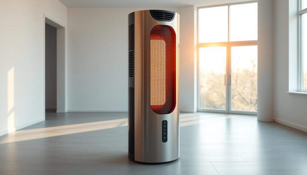 A clean, well-lit room with a modern, sleek sonic heater standing prominently in the center. The heater's cylindrical shape and brushed metal finish catch the warm, natural light streaming in from large windows. Intricate air vents and control panels suggest advanced technology. The scene conveys a sense of efficiency and innovation, inviting the viewer to imagine the heater's powerful yet quiet operation. The overall mood is one of sophisticated, minimalist design that complements the article's focus on the sonic heater's principles and performance.