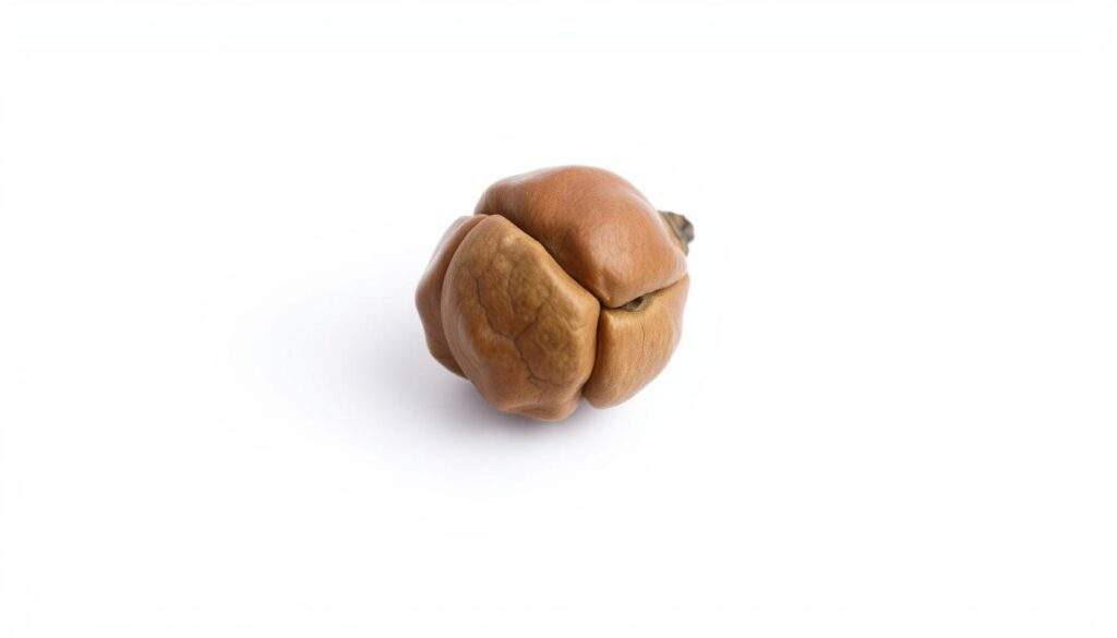 A close-up, detailed photograph of a Ziemowit nut, also known as the Chinese chestnut or Chinese oak, on a plain white background. The nut is shown in its natural state, with a rough, segmented shell and a rich, brown color. The lighting is soft and even, accentuating the texture and contours of the nut. The image is shot from a slightly elevated angle, giving a sense of scale and emphasizing the unique shape and features of this uncommon nut variety. The overall mood is one of natural simplicity and scientific curiosity, inviting the viewer to examine and appreciate the intricate details of this fascinating botanical specimen.