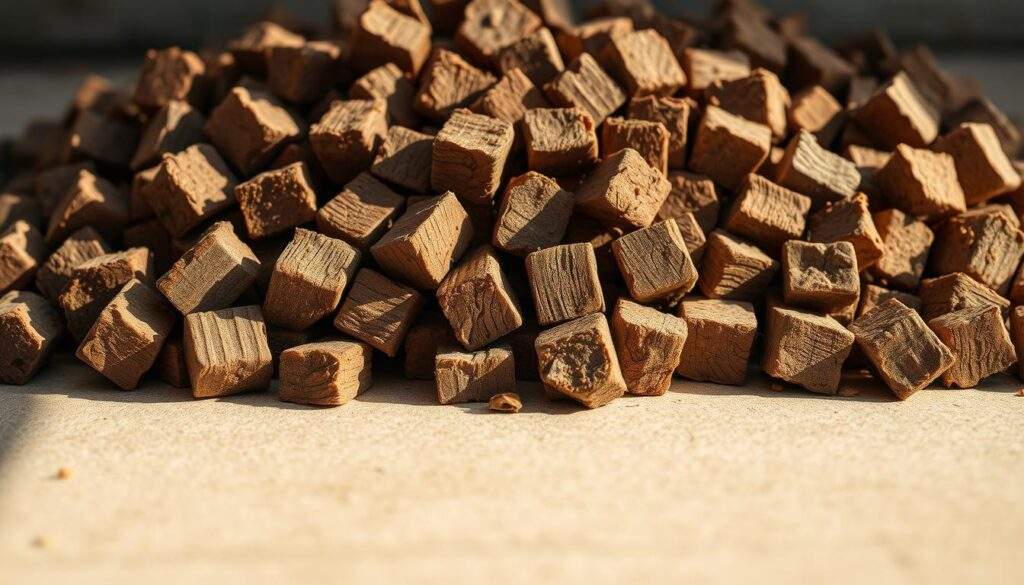 A close-up, high-resolution photograph of a pile of brykiet torfowo-drzewny, a type of eco-friendly fuel made from a combination of peat and wood. The briquettes are tightly packed, with visible grains and textures, sitting on a clean, neutral surface. The lighting is warm and natural, creating soft shadows and highlights that emphasize the organic nature of the material. The image is crisp and detailed, capturing the nuances of the briquettes' composition and the subtle variations in color and tone. The overall composition is balanced and visually appealing, showcasing the product in a way that reflects its role as a compromise between cost and emissions.