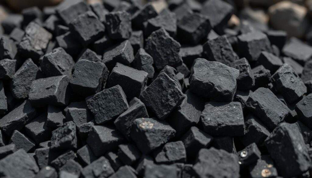 A close-up, high-resolution photograph of a pile of coal-black orzech 50-80 mm coal briquettes, captured with an iPhone 16 Pro Max. The briquettes are neatly stacked, showcasing their uniform size and shape. The lighting is natural, with soft shadows accentuating the textural details of the coal. The background is blurred, keeping the focus on the subject. The overall mood is one of practicality and functionality, reflecting the utilitarian nature of this type of coal.