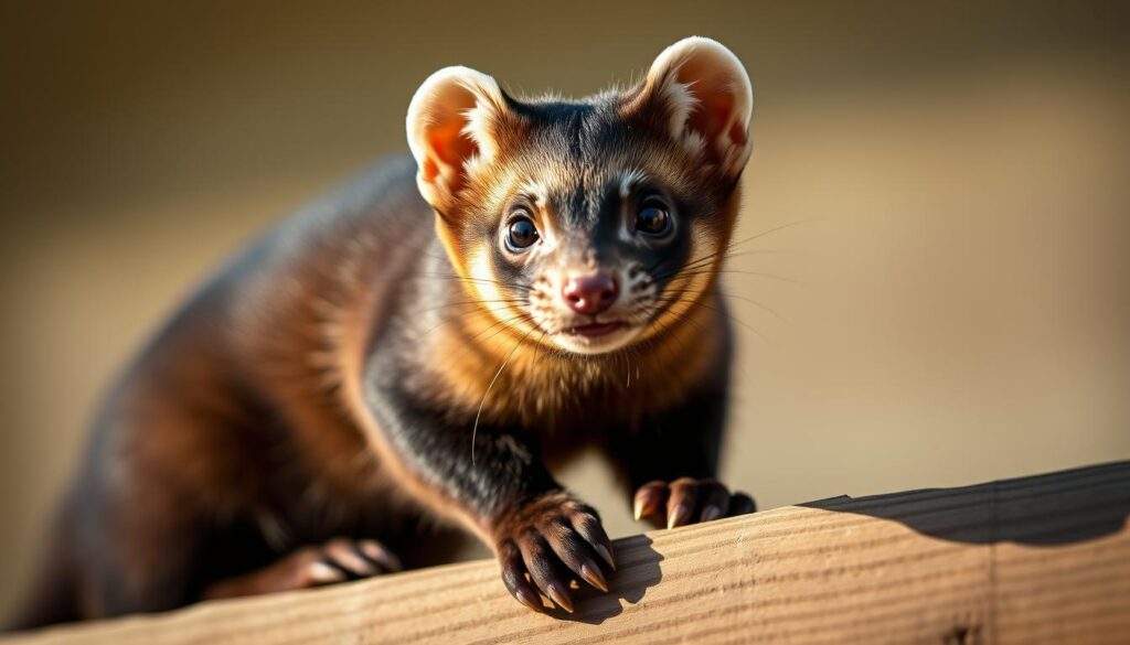A close-up photograph of a European pine marten, commonly known as a house marten or stone marten, perched on a wooden surface. The animal is facing the camera, its head slightly turned, revealing its distinctive triangular face, pointed ears, and dark, glossy fur. Soft, warm lighting illuminates the scene, casting gentle shadows that accentuate the marten's sleek, agile form. The background is blurred, creating a sense of focus on the subject. The image captures the marten's natural curiosity and alertness, conveying the essence of this elusive and often misunderstood creature that can sometimes take up residence in human dwellings.