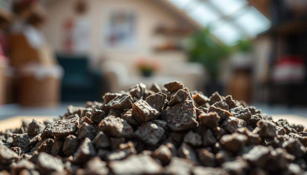 A close-up photograph of a pile of ekogroszek, a type of eco-friendly coal substitute made from compressed coal dust and biomass. The ekogroszek is shown in the foreground, with a warm, natural lighting that casts gentle shadows, highlighting the texture and sheen of the individual pieces. The middle ground is blurred, creating a sense of depth and focus on the subject. The background is softly defocused, suggesting a serene, indoor setting, perhaps a residential space or a storage facility. The overall mood is one of quality, sustainability, and the appeal of this eco-friendly fuel alternative.