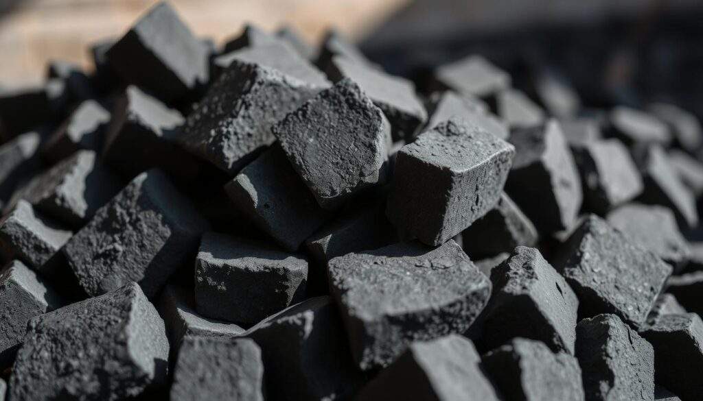 A close-up photograph of a pile of ekogroszek eko-super, a type of eco-friendly coal briquette. The briquettes are tightly packed, their dark grey and matte surfaces capturing the natural texture and hues of the material. The lighting is soft and natural, illuminating the details of the briquettes while casting subtle shadows that add depth and dimension to the scene. The image is captured from a slightly elevated angle, allowing the viewer to appreciate the overall shape and volume of the pile. The background is blurred, keeping the focus firmly on the ekogroszek eko-super at the center of the frame, conveying a sense of simplicity and clarity.