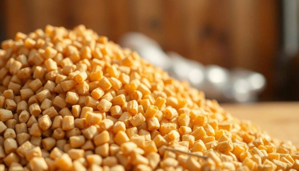 A close-up photograph of a pile of golden-brown pellets made from sunflower seed husks, captured in natural lighting with a shallow depth of field. The pellets are arranged in the foreground, with a blurred background suggesting a simple, uncluttered setting. The image conveys the texture and substance of the pellets, showcasing their organic origin and potential as a renewable fuel source. Captured with an iPhone 16 Pro Max, the image has a warm, vibrant tone that highlights the nuanced hues and shapes of the sunflower seed husk pellets.