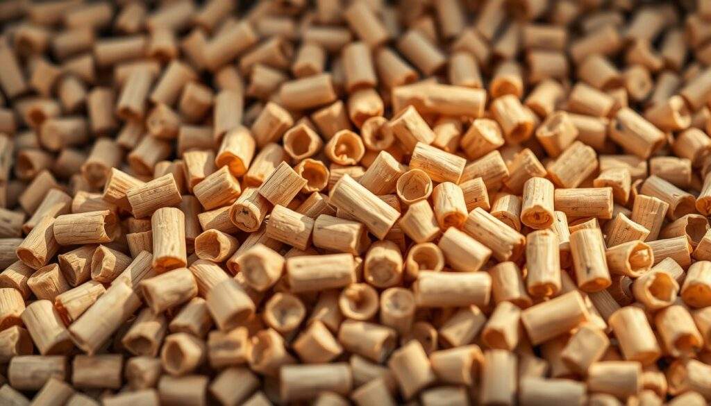 A close-up photograph of a pile of softwood pellets, shot with an iPhone 16 Pro Max. The pellets are golden-brown in color, with a smooth, uniform texture. The lighting is soft and natural, casting gentle shadows that reveal the cylindrical shape and subtle variations in the surface of the individual pellets. The background is slightly blurred, creating a shallow depth of field and focusing the viewer's attention on the intricate details of the pellet material. The overall mood is one of calm, understated elegance, inviting the viewer to examine the raw materials that make up this renewable energy source.