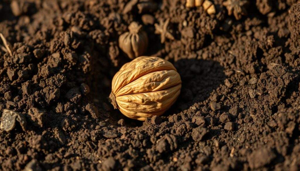 A close-up photograph of a single orzech rydułtowy, a unique and rare type of walnut native to the Rydułtowy region of Poland. The nut is nestled in a bed of rich, dark soil, its intricate shell pattern casting delicate shadows across the surface. Warm, natural lighting highlights the warm tones of the nut, creating a sense of depth and dimension. The image is crisp and detailed, captured with the clarity of an iPhone 16 Pro Max camera, inviting the viewer to examine the subtle textures and characteristics of this distinctive regional delicacy.