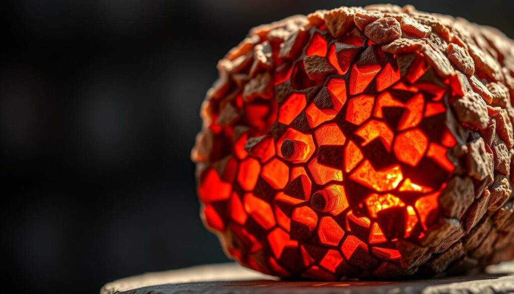 A close-up photograph of an ekogroszek Dragon briquette, showcasing its unique texture and intricate patterns. The briquette is illuminated by soft, natural lighting, casting subtle shadows that accentuate its three-dimensional structure. The image is captured with a high-quality smartphone camera, highlighting the fine details and hues of the ekogroszek material. The background is blurred, placing the focus entirely on the ekogroszek Dragon briquette and its distinct properties, such as its high energy density, low ash content, and efficient combustion characteristics.
