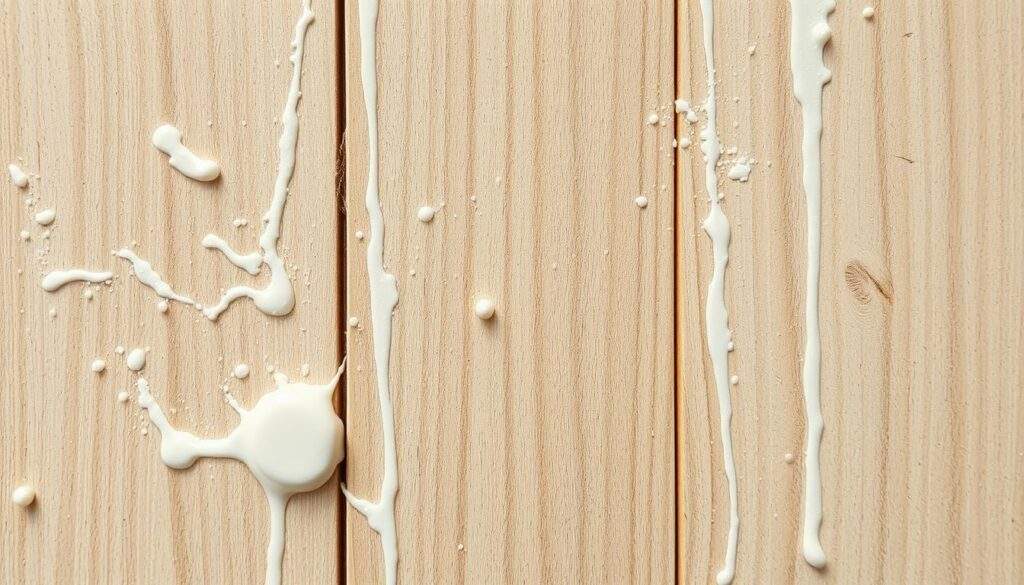 A close-up photograph of latex paint splatters and drips on a wooden panel surface, captured with an iPhone 16 Pro Max. The paint appears thick and viscous, with a semi-gloss sheen, creating a textured, uneven pattern across the panels. The lighting is natural, with soft shadows highlighting the depth and dimension of the paint. The image conveys a sense of the paint's resilience and the challenge of removing it from the panels, aligning with the section title "Dlaczego farba lateksowa osiada na panelach?". A close-up photograph of latex paint splatters and drips on a wooden panel surface, captured with an iPhone 16 Pro Max. The paint appears thick and viscous, with a semi-gloss sheen, creating a textured, uneven pattern across the panels. The lighting is natural, with soft shadows highlighting the depth and dimension of the paint. The image conveys a sense of the paint's resilience and the challenge of removing it from the panels, aligning with the section title "Dlaczego farba lateksowa osiada na panelach?".