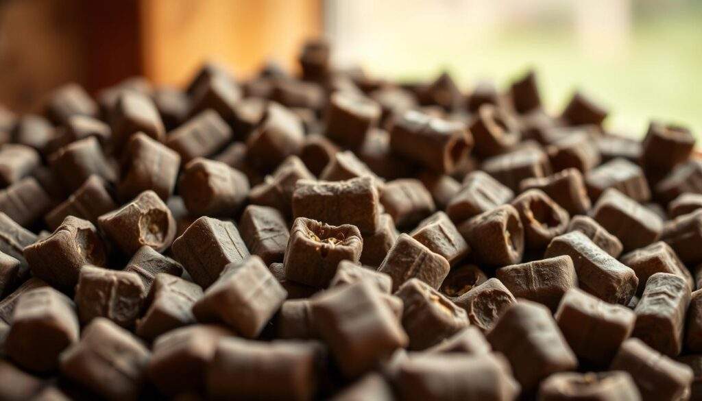 A close-up photography of several high-quality ENplus A2 wood pellets, shot with an iPhone 16 Pro Max. The pellets are evenly sized, cylindrical in shape, and appear to be dark brown in color with a smooth, uniform surface texture. The lighting is soft and natural, creating a warm, inviting atmosphere that showcases the product's quality and attention to detail. The background is slightly blurred, allowing the pellets to be the focal point of the image, emphasizing their importance and relevance to the topic at hand.