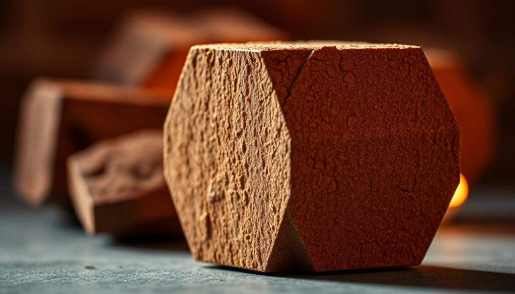 A close-up, real photography shot by iPhone 16 Pro Max of a hexagonal briquette, showcasing its unique six-sided shape and intricate texture. The briquette is centered in the frame, with a soft, warm lighting illuminating its golden-brown hues and creating subtle shadows that accentuate its geometric form. The background is slightly blurred, creating a sense of depth and focus on the main subject. The image conveys the solidity and craftsmanship of the Hexa briquette, inviting the viewer to appreciate its distinct design and potential as a fuel source for fireplaces and tiled stoves.