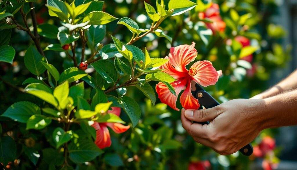 A close-up shot of a gardener's hands carefully pruning the vibrant, lush foliage of a thriving hibiscus plant. The intricate, delicate flower blossoms in the foreground, while the background is softly blurred, conveying a sense of focus and attention to the task at hand. Warm, natural lighting bathes the scene, casting gentle shadows and highlights that accentuate the plant's texture and the gardener's movements. The image captures the essence of why regular pruning is essential for the health and aesthetics of this beloved tropical shrub.