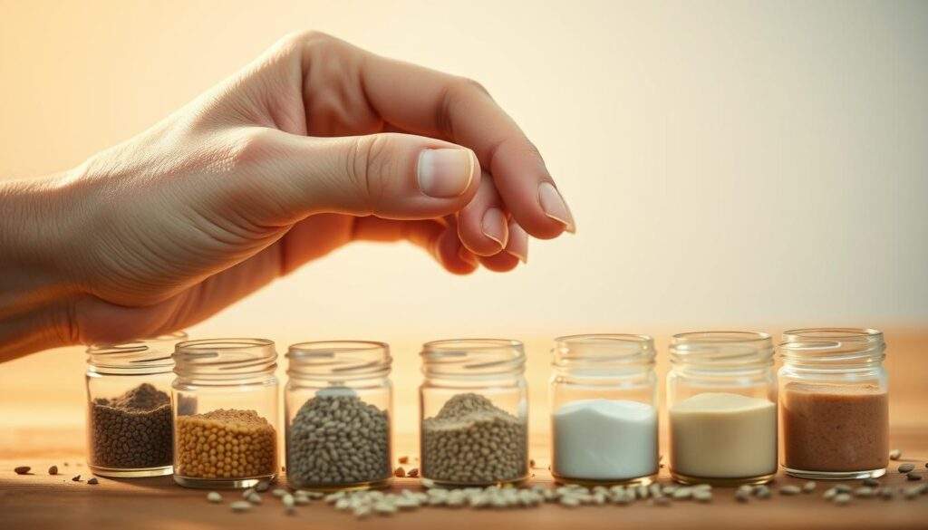 A close-up shot of a hand carefully selecting different types of seed coatings for lupin crops, showcasing the importance of choosing the right seed treatment. The image features an array of small containers filled with various powders and liquids, each representing a specific seed coating solution. The background is blurred, with a clean, minimalist composition that emphasizes the subject matter. Warm, natural lighting illuminates the scene, creating a sense of focus and attention on the delicate task of selecting the appropriate seed treatment. The overall mood is one of thoughtfulness and attention to detail, reflecting the crucial decision-making process in protecting lupin seeds from diseases. A close-up shot of a hand carefully selecting different types of seed coatings for lupin crops, showcasing the importance of choosing the right seed treatment. The image features an array of small containers filled with various powders and liquids, each representing a specific seed coating solution. The background is blurred, with a clean, minimalist composition that emphasizes the subject matter. Warm, natural lighting illuminates the scene, creating a sense of focus and attention on the delicate task of selecting the appropriate seed treatment. The overall mood is one of thoughtfulness and attention to detail, reflecting the crucial decision-making process in protecting lupin seeds from diseases.
