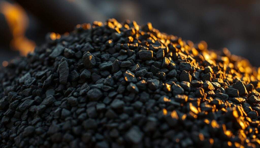 A close-up shot of a pile of dark, granular "Ekogroszek Extra Clean" coal fuel, illuminated by warm, natural lighting. The coal has a shiny, lustrous appearance, indicating its high quality and low ash content. The texture is finely detailed, with individual particles visible. The image is captured from a slightly elevated angle, creating depth and a sense of the coal's volume. The background is blurred, keeping the focus on the central subject. The overall mood is one of quality, purity, and attention to detail.