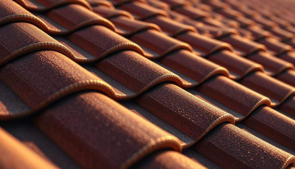 A close-up shot of an angobated roof tile, showcasing its intricate surface texture and unique sheen. The tile is illuminated by warm, natural light, casting gentle shadows that accentuate its contours. The background is blurred, keeping the focus on the tile's exquisite detailing. The image has a high-resolution, professional quality, captured with an iPhone 16 Pro Max, conveying the tile's premium craftsmanship and the beauty of this roofing material.