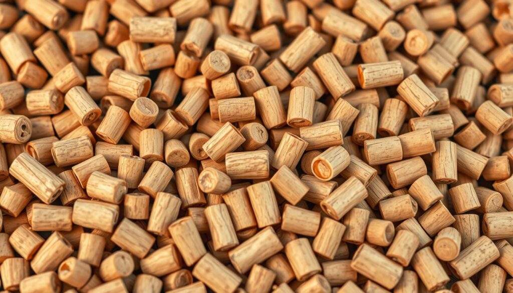 A close-up view of a pile of pine wood pellets, showcasing their distinct cylindrical shape and uniform size. The pellets exhibit a warm, earthy brown hue, with a slight sheen that reflects the natural grain patterns. The lighting is soft and diffused, creating a natural, almost glowing effect that highlights the textural details of the pellets. The image is captured at a slightly elevated angle, providing a clear view of the pellet's surface and allowing the viewer to appreciate their physical properties. The background is slightly blurred, keeping the focus on the central subject and creating a clean, minimalist composition.
