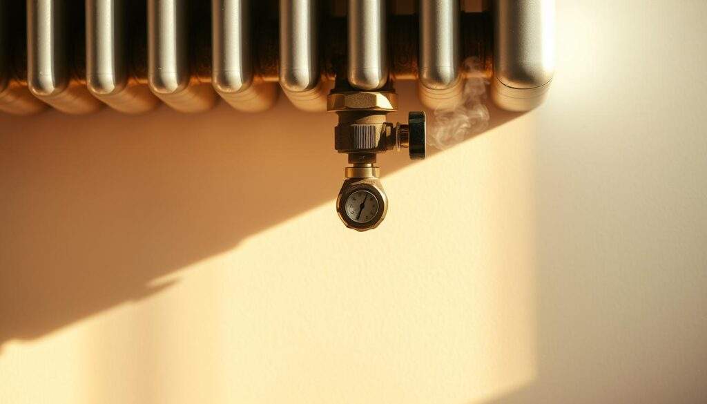 A close-up view of a radiator with steam visibly escaping from the valve, despite it being turned off. The radiator is mounted on a white wall, casting soft shadows below. The scene is bathed in warm, natural lighting, giving the image a cozy, domestic atmosphere. The radiator's metal surface reflects the light, creating a sense of depth and texture. The valve is clearly visible, appearing to be in the closed position, yet the radiator continues to generate heat. The overall composition draws the viewer's attention to the central problem of the radiator heating up despite the valve being turned off.