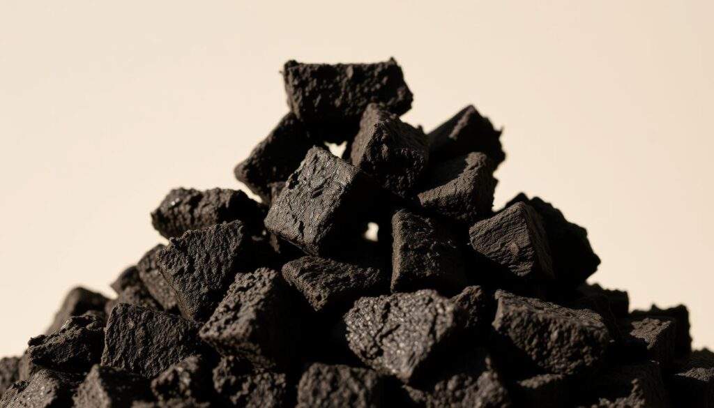 A closeup photograph of a pile of dark brown, densely compressed peat briquettes, their rough, fibrous texture visible under natural lighting. The briquettes are arranged in an appealing, artful manner, casting soft shadows on a plain, neutral background. The lighting is soft and diffused, highlighting the earthy tones and organic quality of the peat fuel. The overall composition and angle convey a sense of the briquettes' substance and utility as a sustainable heating source.