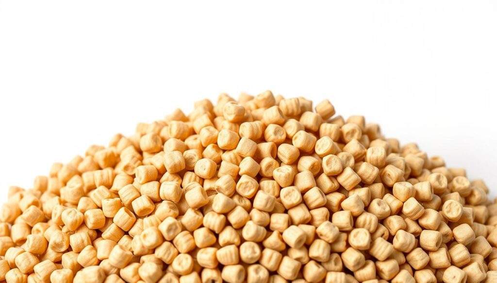 A closeup photograph of a pile of golden-brown cylindrical pellets against a plain white background, evenly lit from the front to showcase their smooth, uniform texture and shape. The pellets are made of buckwheat, with a slightly mottled appearance and a subtle sheen, conveying a sense of high quality and natural origin. The image is crisp and detailed, captured with a high-resolution iPhone 16 Pro Max camera, emphasizing the tactile and material qualities of the pellets to illustrate their use as a renewable, eco-friendly heating fuel.