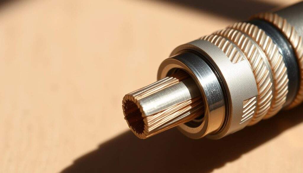 A closeup shot of a coaxial cable, also known as a "kabel koncentryczny," with its distinctive braided shielding and central conductor visible. The cable is positioned diagonally, casting subtle shadows and highlights that accentuate its cylindrical form and textured surface. The lighting is natural, creating a warm, documentary-style atmosphere reminiscent of a real-world iPhone 16 Pro Max photograph. The image focuses on the technical details of the cable, providing a clear visual representation of the subject for the article's "What is a coaxial cable?" section.