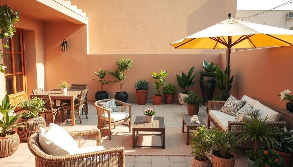 A cozy and inviting terrace with a harmonious arrangement of distinct zones for dining, lounging, and potted plants. Warm, natural lighting casts a soft glow, accentuating the rich textures of wooden furniture and woven accents. Strategically placed patio umbrellas provide gentle shade, creating an intimate and relaxing atmosphere. The layout seamlessly integrates functional elements like a small coffee table and plush outdoor seating, ensuring a comfortable and practical daily experience. The overall design reflects a thoughtful balance between aesthetics and functionality, showcasing how the ideal terrace dimensions can enhance the user's everyday enjoyment of the outdoor space.