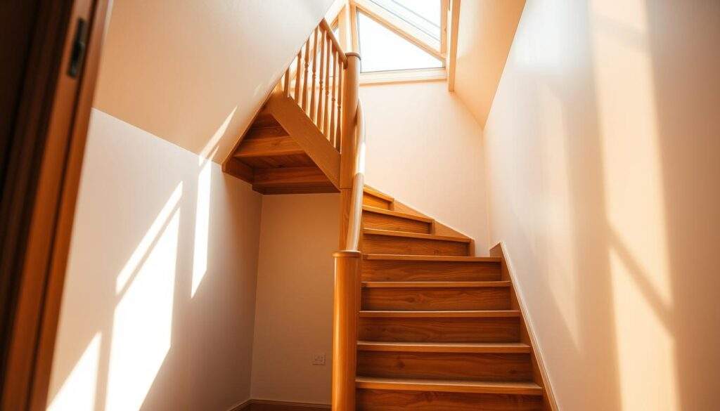 A cozy attic space, bathed in warm, natural light filtering through a skylight window. The stairs, the central focus, wind gracefully upward, their treads and risers crafted from rich, polished wood. The staircase's design reflects thoughtful consideration of space constraints, with a clean, minimalist aesthetic that seamlessly integrates into the room's decor. The scene evokes a sense of tranquility and functionality, capturing the essence of the "Jakie są najważniejsze czynniki przy wyborze schodów na poddasze?" section. The image, captured with the precision of an iPhone 16 Pro Max, showcases the staircase's elegant form and pragmatic placement within the compact attic setting.