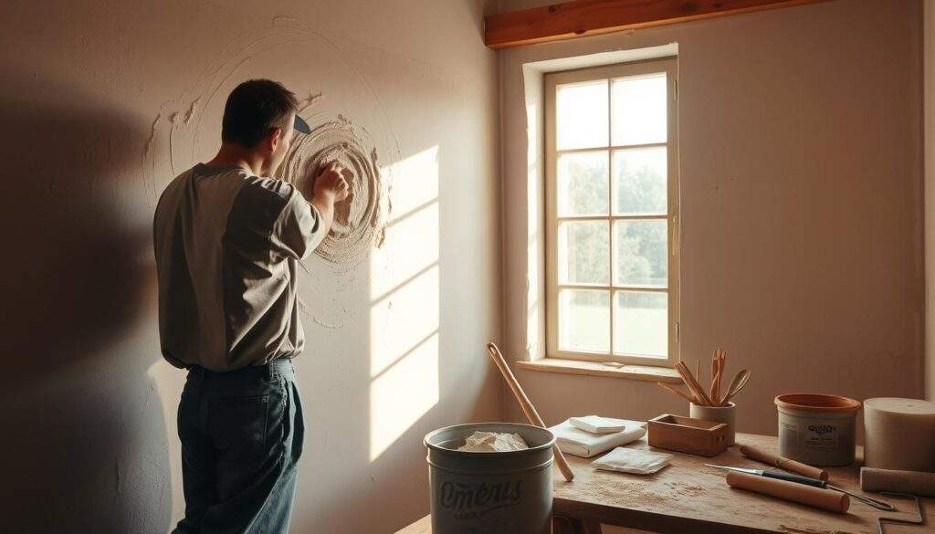 A cozy interior scene showcasing the importance of temperature in plastering. In the foreground, a skilled worker carefully applies a layer of fresh plaster to a wall, their movements precise and deliberate. Warm, natural lighting from a nearby window illuminates the textures, casting gentle shadows that accentuate the depth and contours of the surface. In the middle ground, various plastering tools and materials are neatly organized, reflecting the attention to detail required for a successful application. The background features a clean, minimalist space, allowing the focus to remain on the plastering process. The overall atmosphere conveys the significance of temperature control in achieving a high-quality, long-lasting finish.