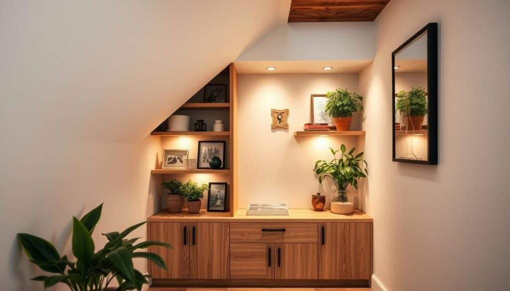 A cozy nook under the stairs, a hidden sanctuary within the home. Soft lighting casts a warm glow, illuminating the meticulously crafted wooden shelves and cabinets. Carefully curated decor, from vintage knick-knacks to lush potted plants, creates a inviting and personalized atmosphere. The angled walls and recessed space lend a sense of intimacy, while the clean, minimalist design aesthetic adds an air of sophistication. Captured with the clarity and detail of a professional iPhone 16 Pro Max camera, this image showcases the beauty and functionality of a custom-built staircase storage solution.