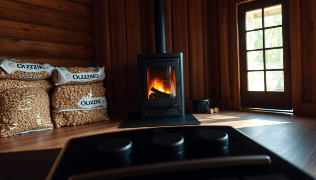 A cozy, well-lit wooden interior, featuring a modern pellet stove in the center, with a neatly stacked pile of Olczyk pellets nearby. The warm, golden light from the stove casts a gentle glow, highlighting the rich textures of the wooden floor and walls. In the foreground, a set of sleek, ergonomic controls for the stove, showcasing its user-friendly design. The overall atmosphere exudes a sense of comfort, efficiency, and environmental responsibility, alluding to the benefits of using Olczyk pellets.