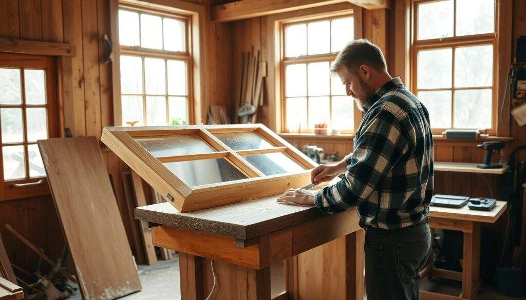 A cozy wooden workshop, light filtering in through large windows, illuminating the workbench where a skilled carpenter carefully measures and cuts the raw timber, preparing the components for a beautifully crafted wooden window. Sawdust dances in the air, the scent of freshly sanded wood permeates the space. In the background, an assortment of hand tools and power tools stand ready, awaiting their turn to be used in the intricate process of window construction. The scene conveys a sense of focused craftsmanship, the carpenter's experienced hands guiding each step of the preparation, laying the foundation for a masterpiece of functional art.
