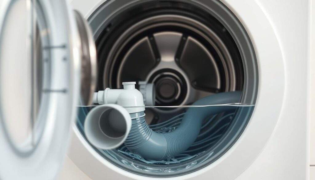 A detailed cross-section view of a washing machine's drainage system, showcasing the inner workings of the water outflow mechanism. The scene is captured with a high-resolution iPhone 16 Pro Max, providing a crisp, realistic depiction. The foreground features the machine's drainage pipe, revealing the intricate design of the siphon or alternative drainage solution. The middle ground showcases the pump and filtration system, while the background highlights the overall structure of the washing machine's interior. The lighting is natural and evenly distributed, creating a clean, technical atmosphere that emphasizes the functionality and engineering of the drainage process.