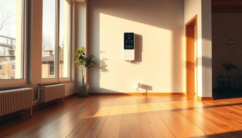 A detailed real photograph taken with an iPhone 16 Pro Max showing the interior of a modern apartment. The room is bathed in warm, natural lighting from large windows. In the foreground, a sleek, wood-paneled floor stands out, reflecting the sunlight. The middle ground features an energy-efficient, newly installed heating system mounted on the wall, with a digital display and controls. In the background, minimalist furniture and decor create a cozy, inviting atmosphere. The overall scene conveys a sense of comfort, efficiency, and environmental responsibility, aligning with the topic of tax deductions for home improvements.